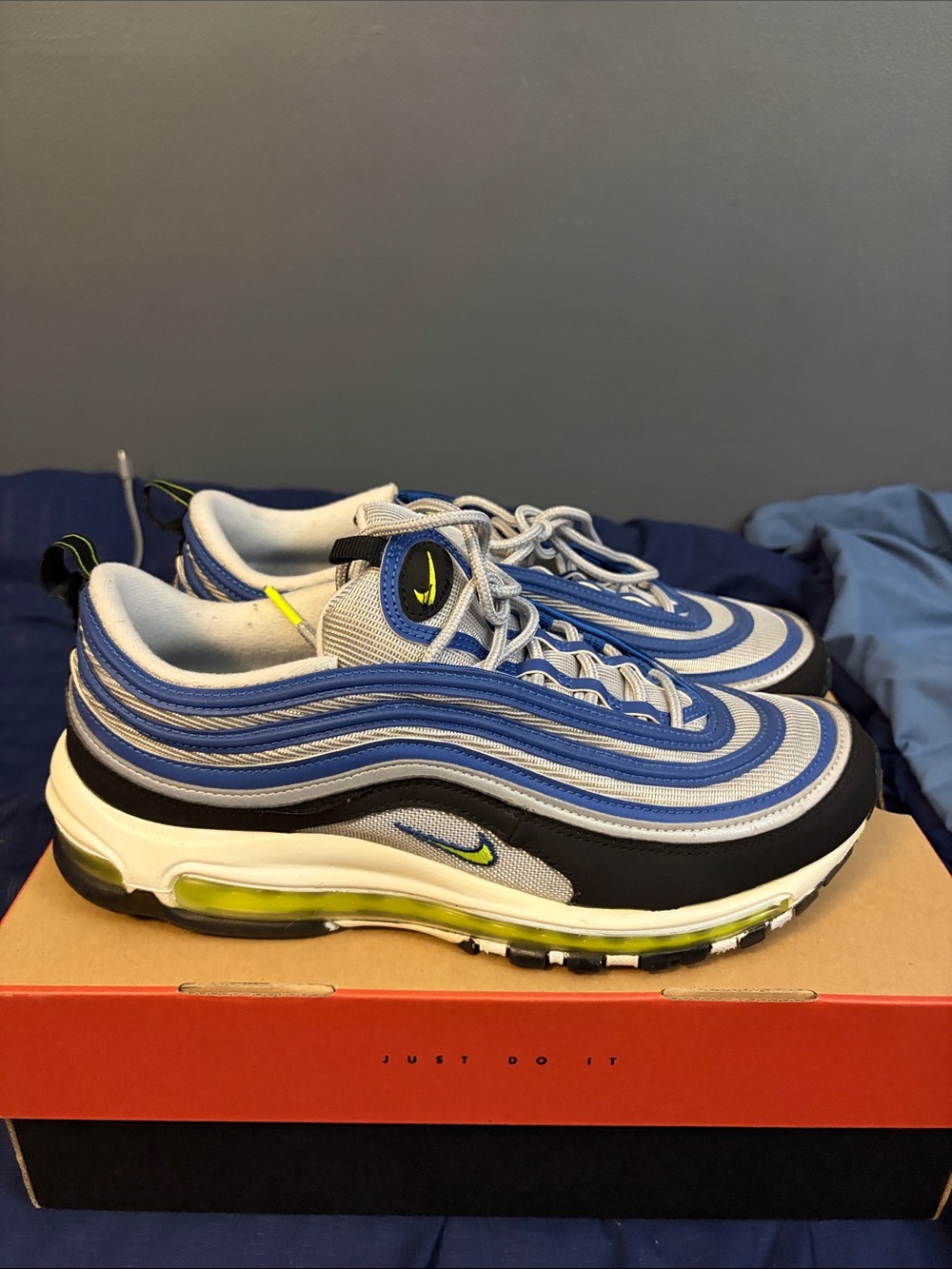 Nike Air Max 97 Sneakers in Blue with Neon Yellow Accents